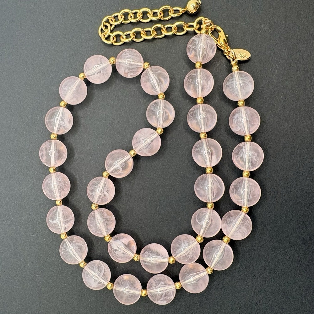 Vintage Joan Rivers‎ Pink Acrylic Lucite Necklace Round Beaded Gold Tone 19"